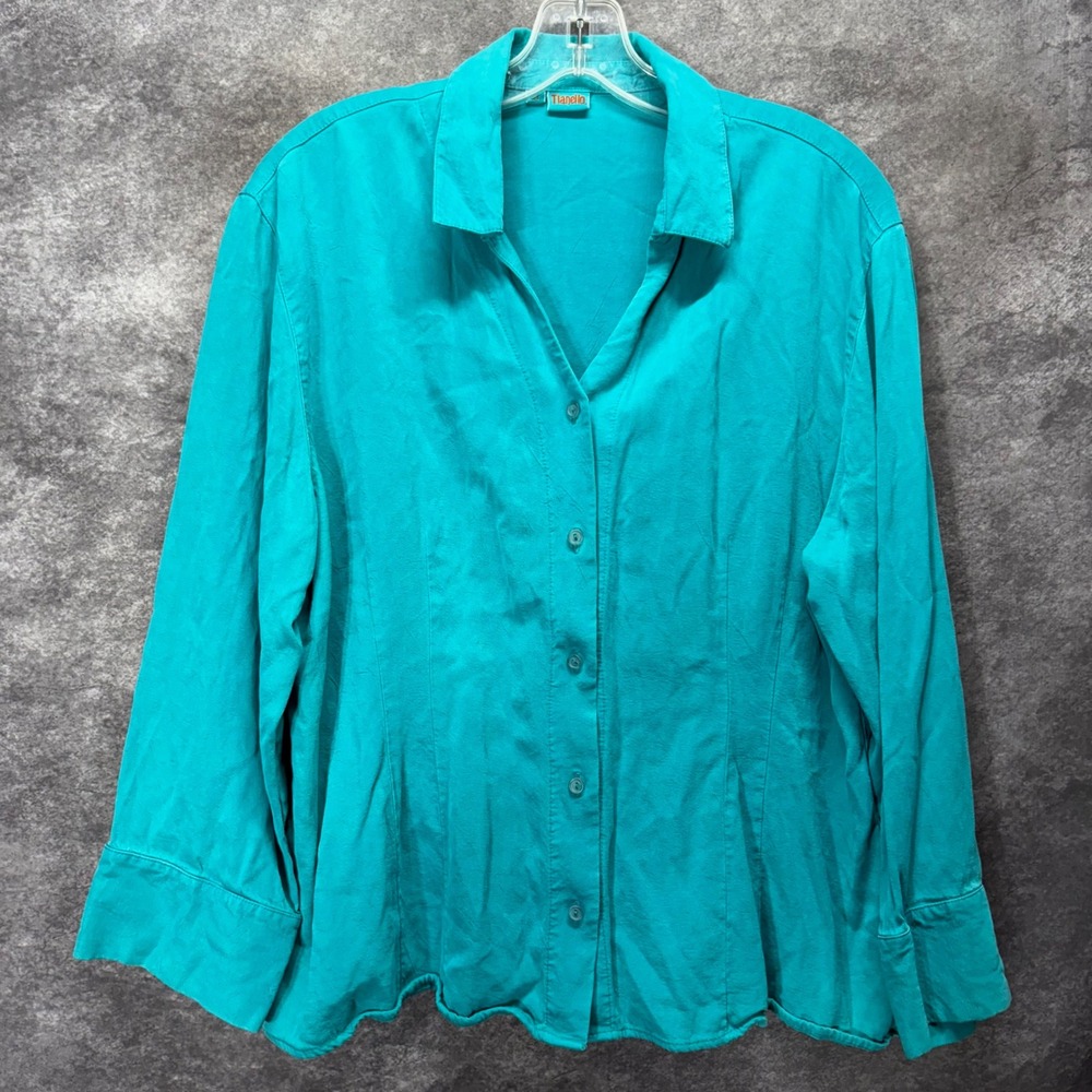 Tianello Teal Turquoise Tencel Rayon Button Down Shirt Womens Size XL Lagenlook